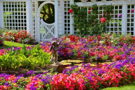 Garden-pond-summer-flowers-garden-fence-wood-white-angel-statue
